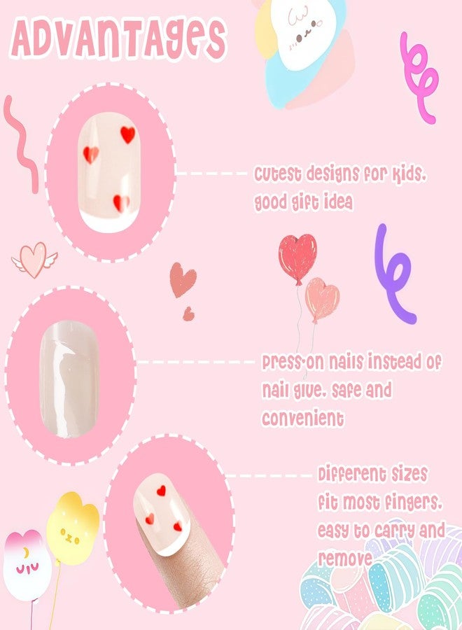 Laza 72pcs Children Nails Press On Pre-glue Full Cover Red Pink Heart Flower Short False Nail Kits for Kids Teenager Girls - French Love - Image 4